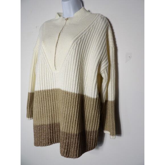 Talbots 1XP Petite Sweater Wool Blend Cable Knit Colorblock Cream Brown 1/4 Zip - Picture 2 of 11
